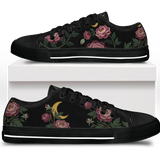 Paeonia Low Tops - embroidered pink peonies with crescent moon on black