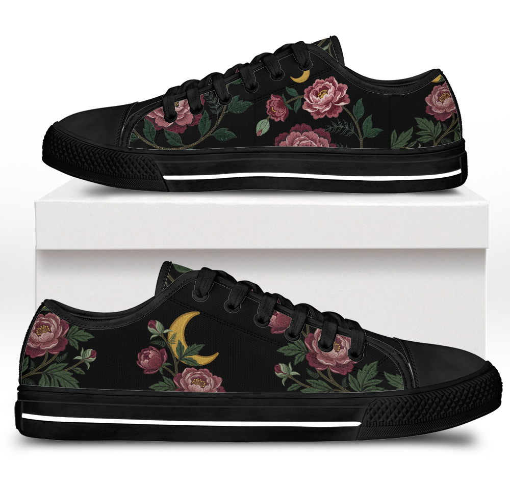Paeonia Low Tops - embroidered pink peonies with crescent moon on black