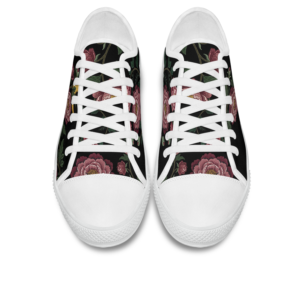 Paeonia Low Tops - embroidered pink peonies with crescent moon on black