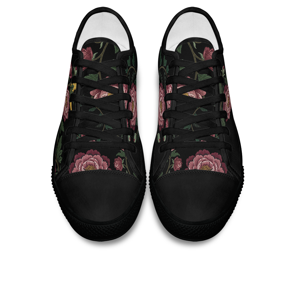 Paeonia Low Tops - embroidered pink peonies with crescent moon on black
