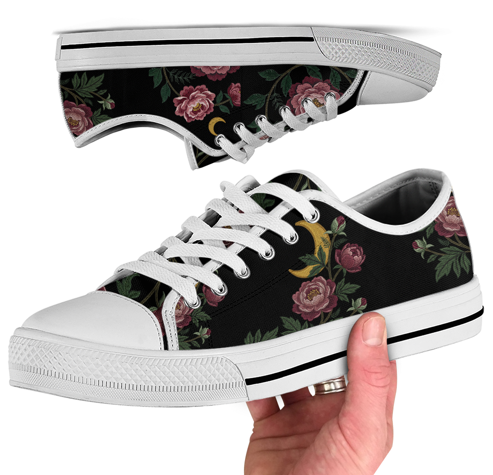 Paeonia Low Tops - embroidered pink peonies with crescent moon on black