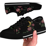 Paeonia Low Tops - embroidered pink peonies with crescent moon on black