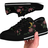 Paeonia Low Tops - embroidered pink peonies with crescent moon on black