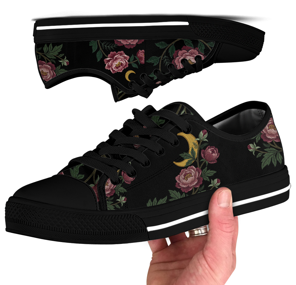Paeonia Low Tops - embroidered pink peonies with crescent moon on black