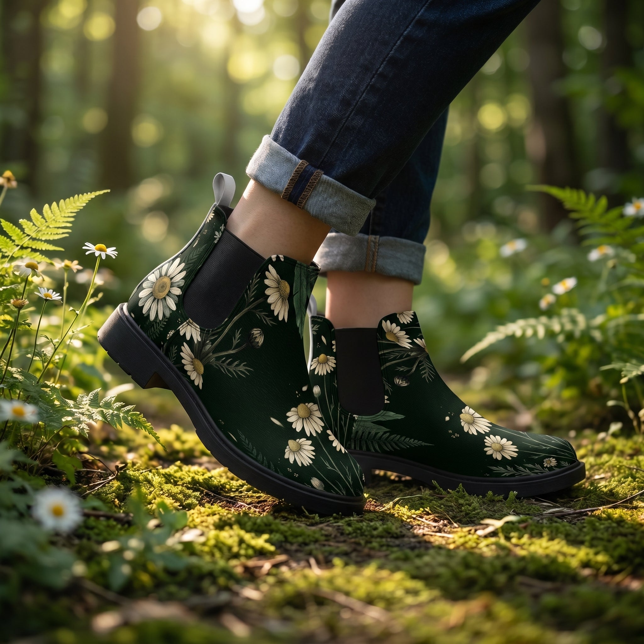 Matricaria Chelsea Boots — lifestyle worn in sunlit forest with chamomile daisies