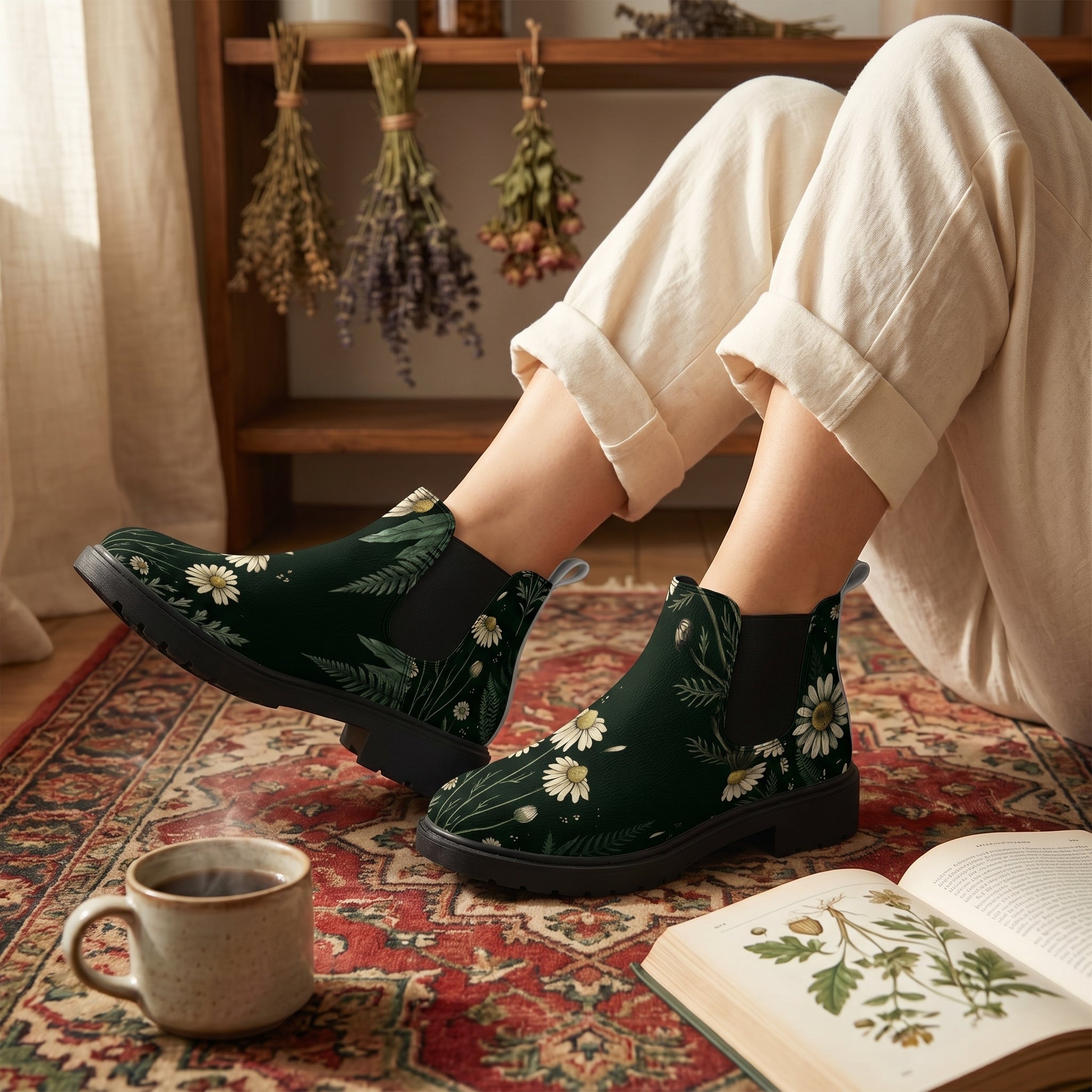 Matricaria Chelsea Boots — altar scene with hanging dried herbs, coffee cup and open botanical book on Persian rug