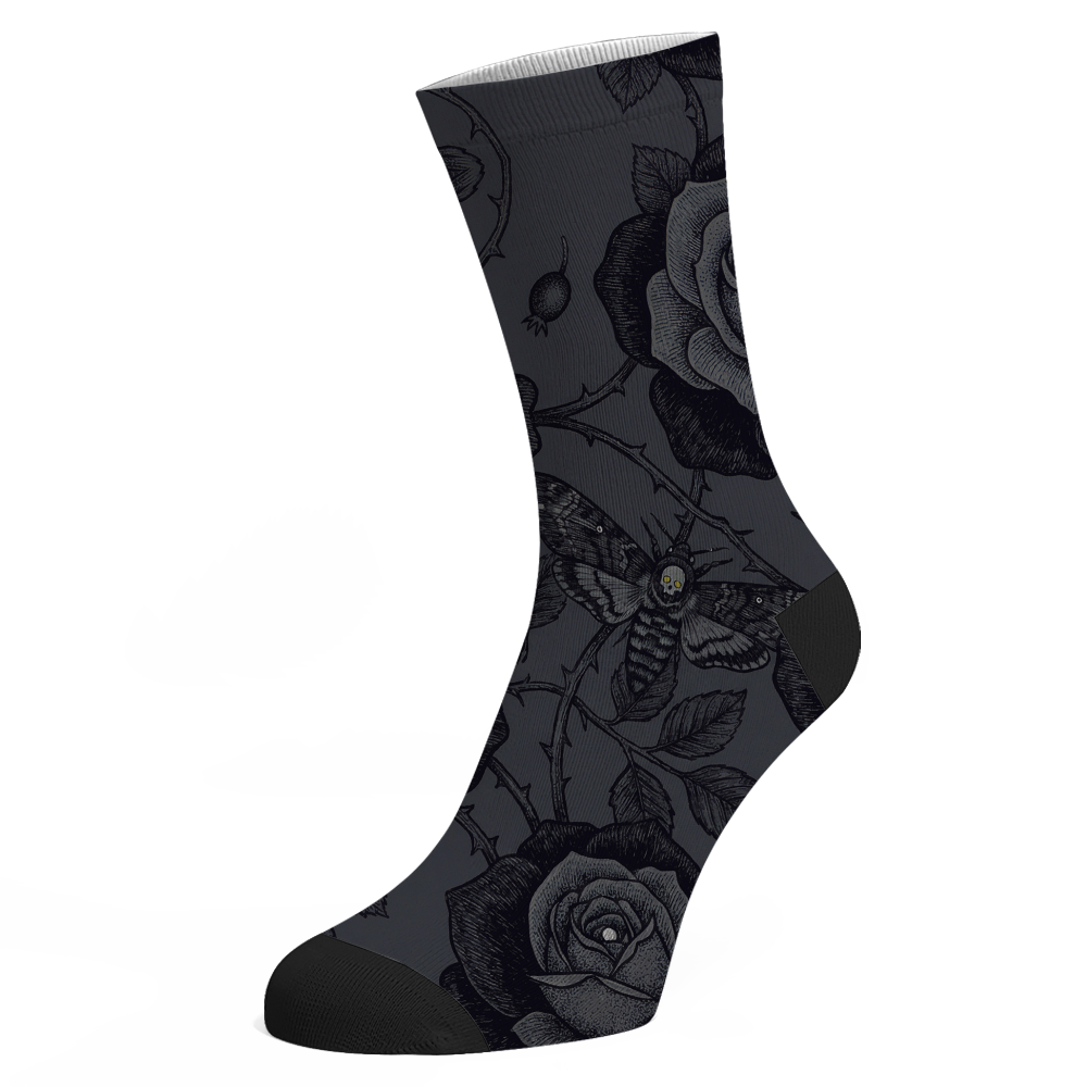Acherontia Socks — full design, death moth black roses