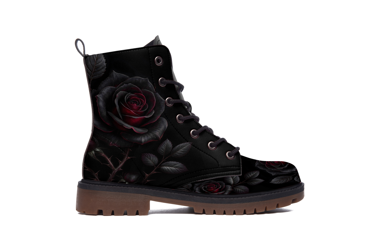 Side view of the Thornveil Rose Leather Boot, brown lugged rubber sole