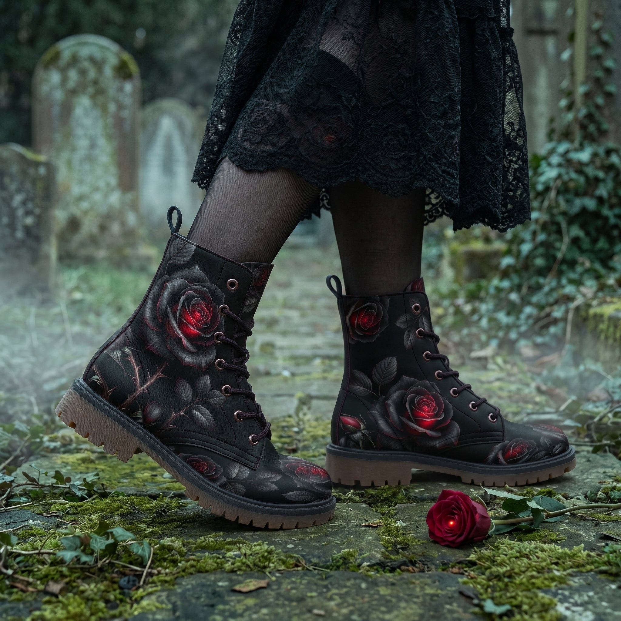 Thornveil Rose boots graveyard human wearing with black lace