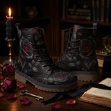 Thornveil Rose boots candlelit library desk with rose petals and key