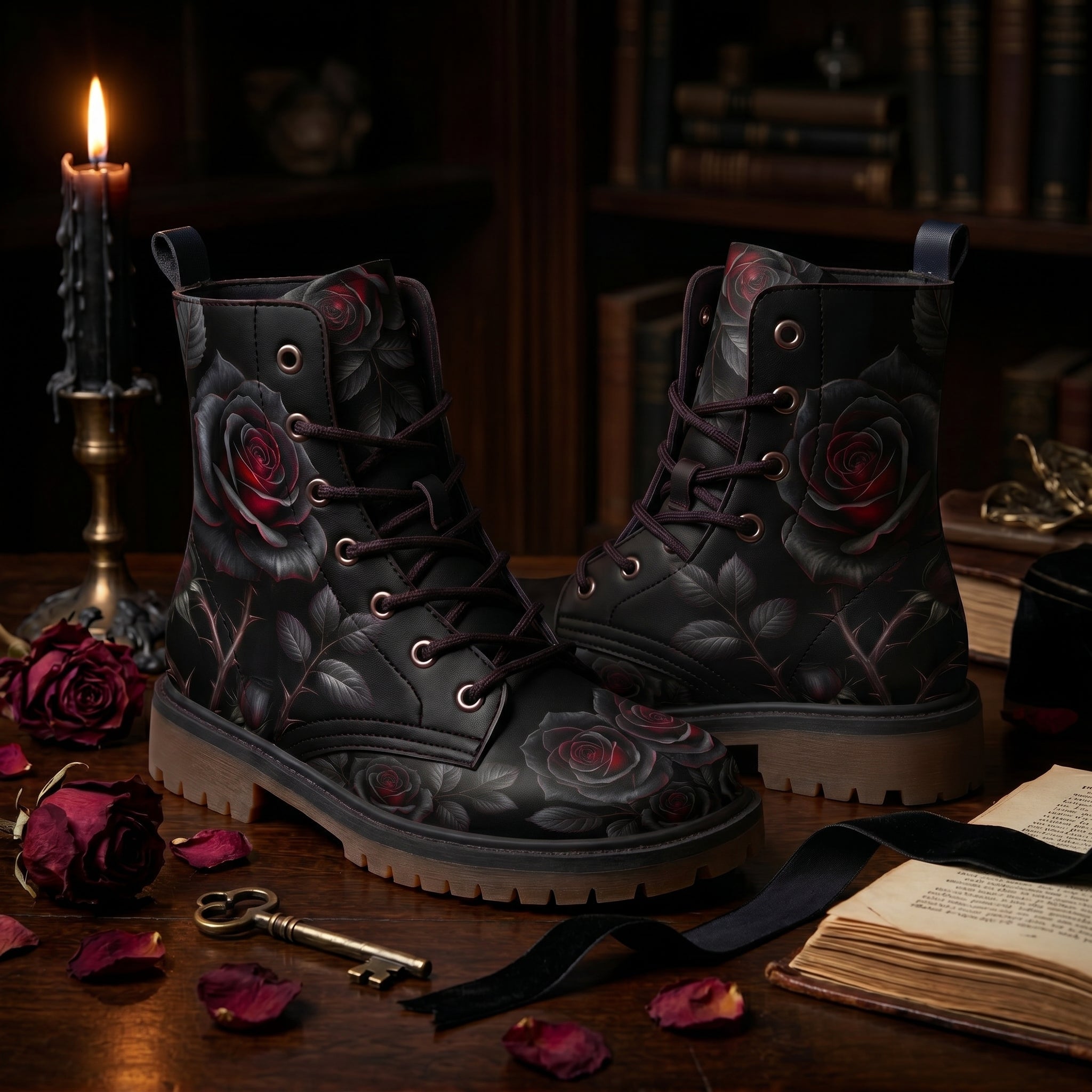 Thornveil Rose boots candlelit library desk with rose petals and key
