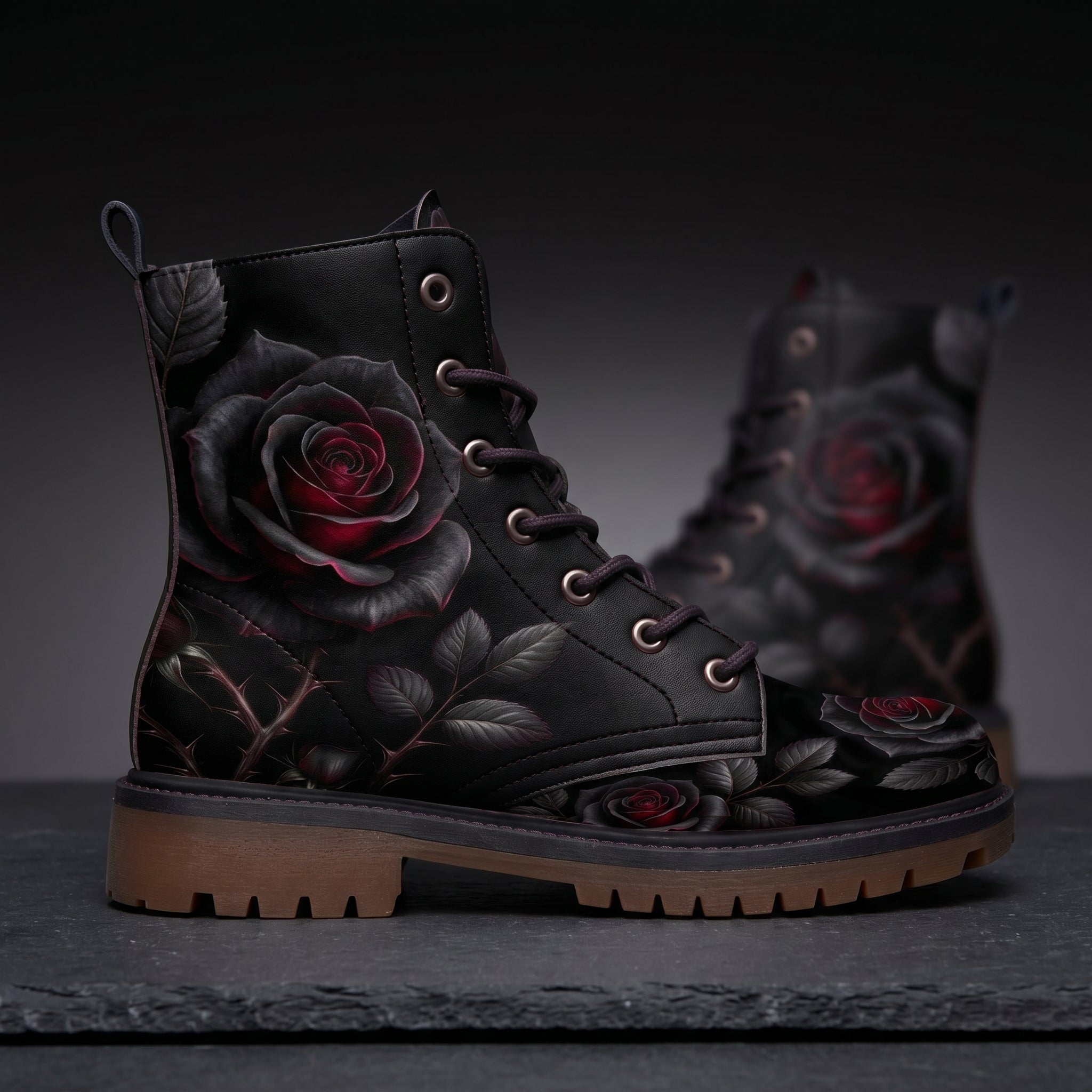 Thornveil Rose boots dramatic studio close-up rose detail