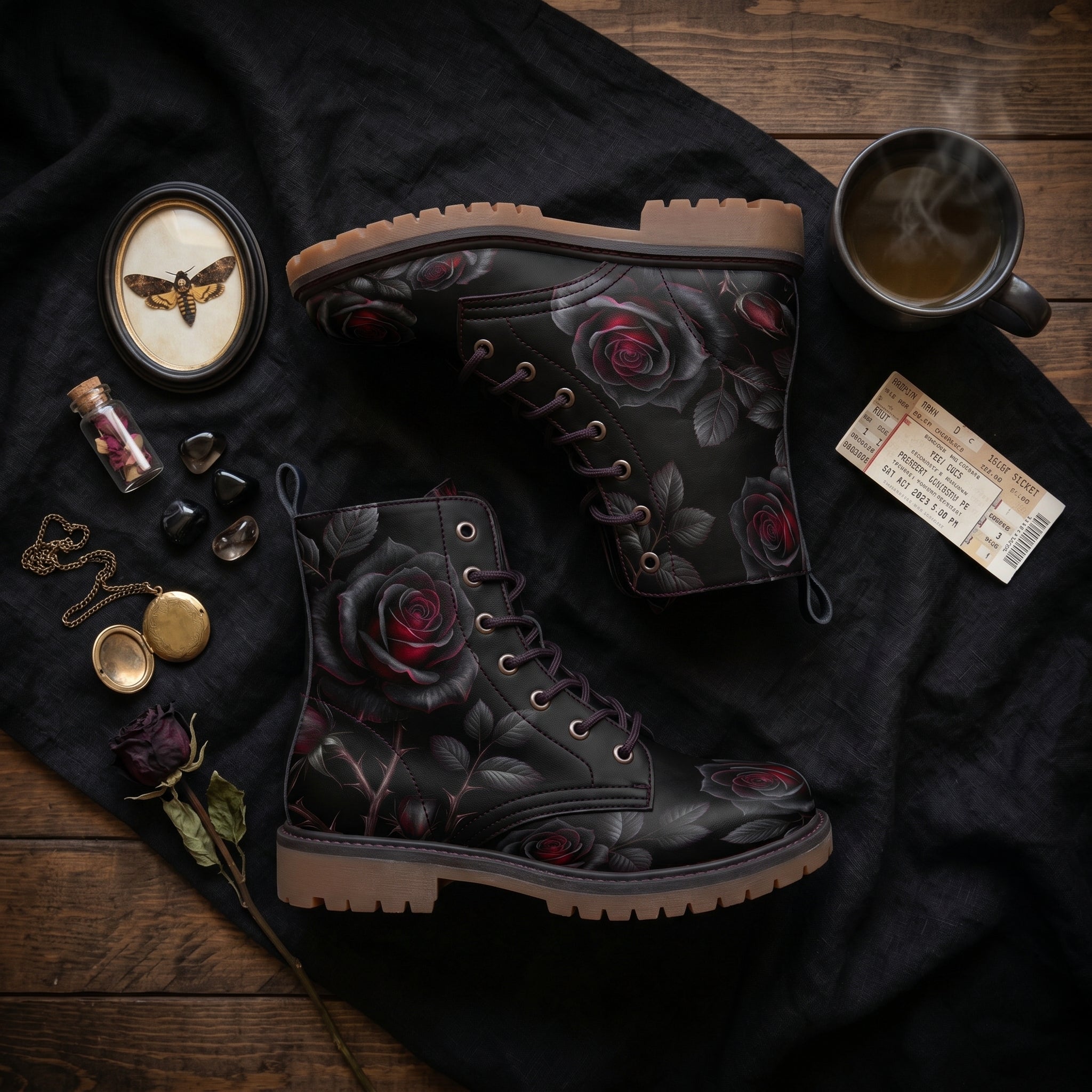 Thornveil Rose boots flat-lay black linen with moth locket and pocket watch