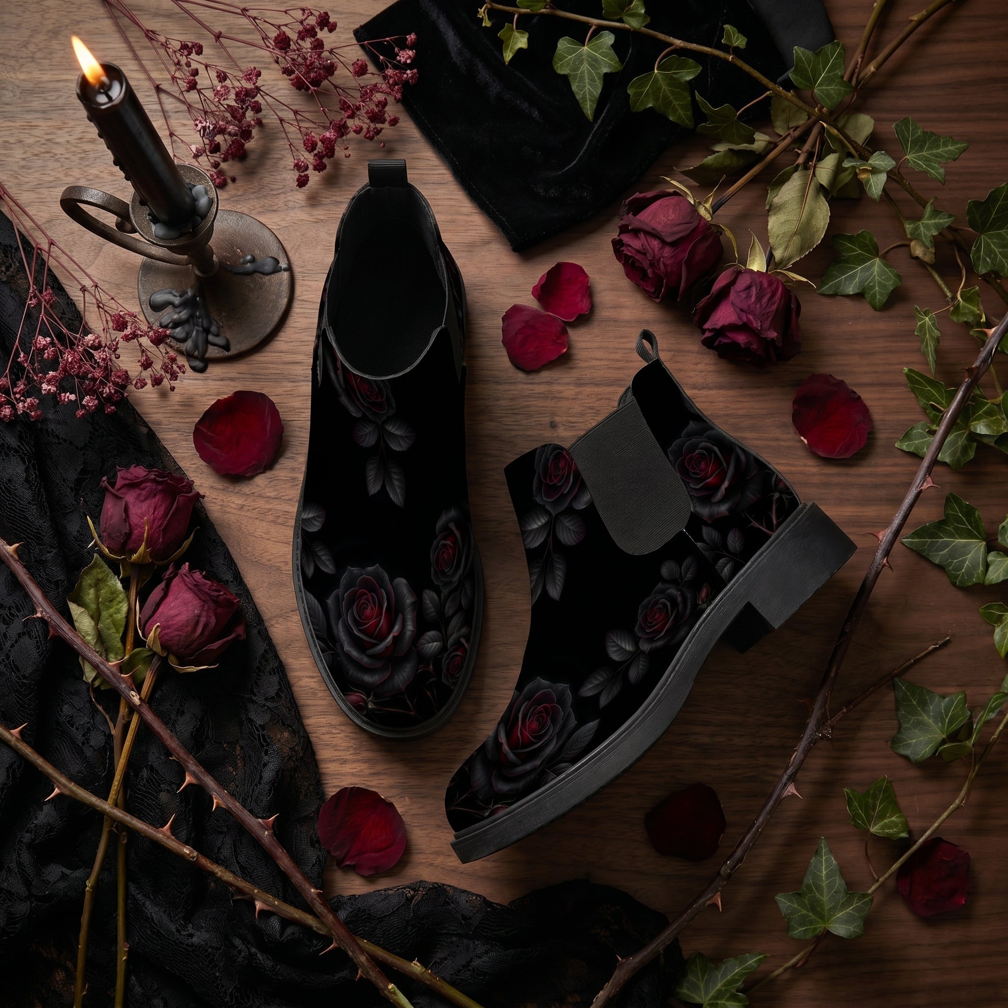 Thornveil Rose Chelsea Boots - gothic flat lay with dark red roses thorns lace candelabra
