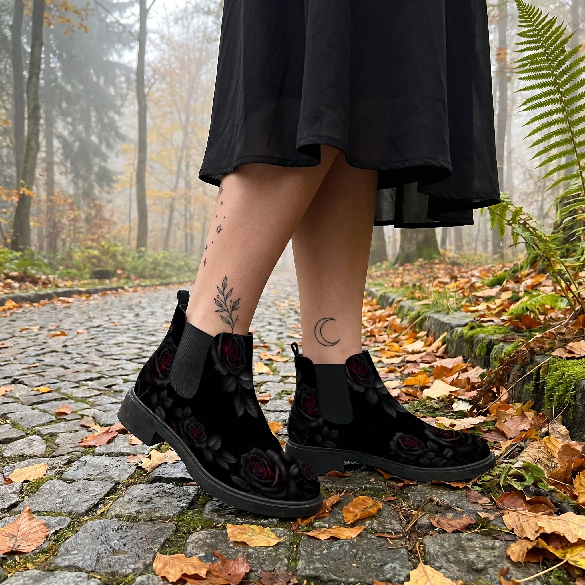 Thornveil Rose Chelsea Boots on cobblestone autumn forest path