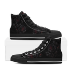 Thornveil Rose High Tops — gothic black roses with crimson centers and thorned stems on black — black sole pair