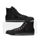 Thornveil Rose High Tops — gothic black roses with crimson centers and thorned stems on black — black sole pair