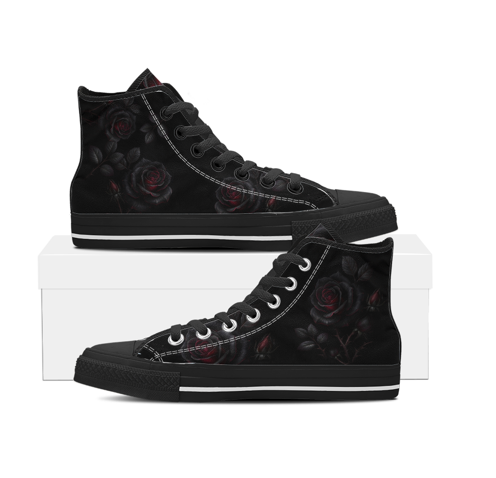 Thornveil Rose High Tops — gothic black roses with crimson centers and thorned stems on black — black sole pair