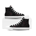 Thornveil Rose High Tops — gothic black roses with crimson centers and thorned stems on black — white sole pair