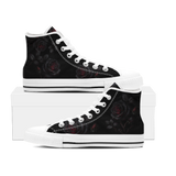 Thornveil Rose High Tops — gothic black roses with crimson centers and thorned stems on black — white sole pair