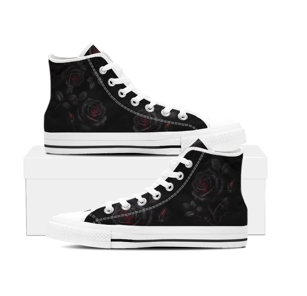 Thornveil Rose High Tops — gothic black roses with crimson centers and thorned stems on black — white sole pair