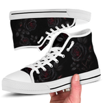 Thornveil Rose High Tops — gothic black roses with crimson centers and thorned stems on black — white sole detail