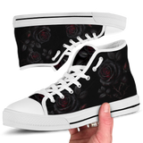 Thornveil Rose High Tops — gothic black roses with crimson centers and thorned stems on black — white sole detail