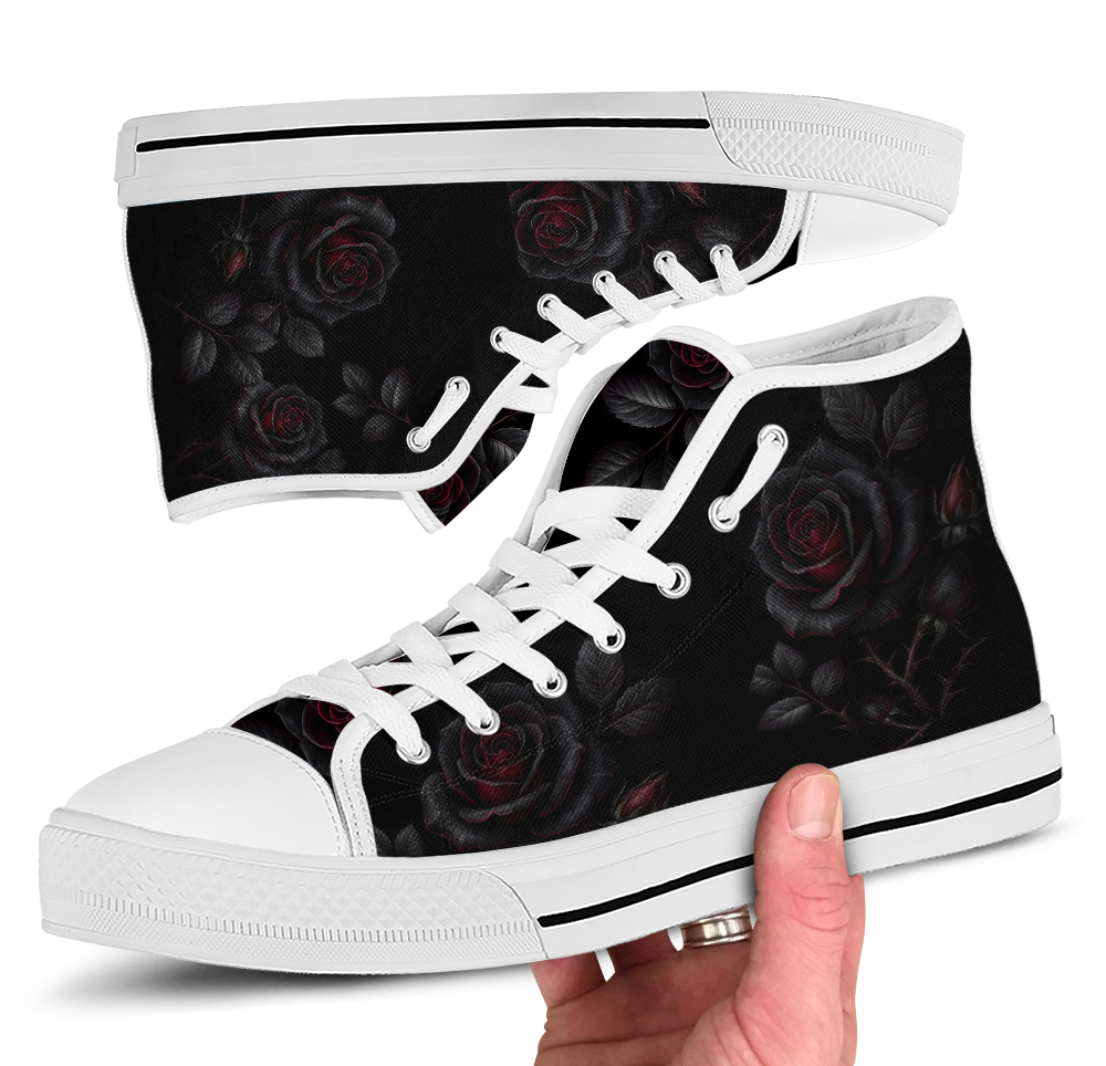 Thornveil Rose High Tops — gothic black roses with crimson centers and thorned stems on black — white sole detail