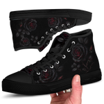 Thornveil Rose High Tops — gothic black roses with crimson centers and thorned stems on black — black sole detail