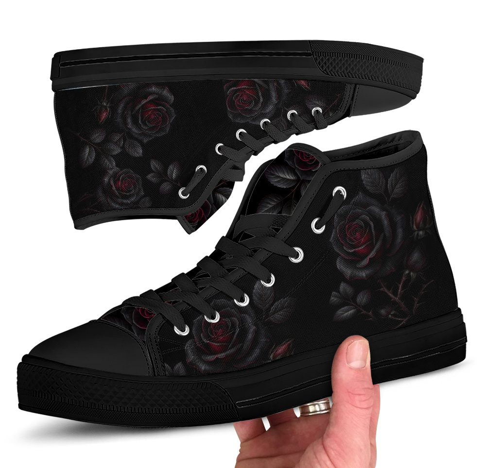 Thornveil Rose High Tops — gothic black roses with crimson centers and thorned stems on black — black sole detail