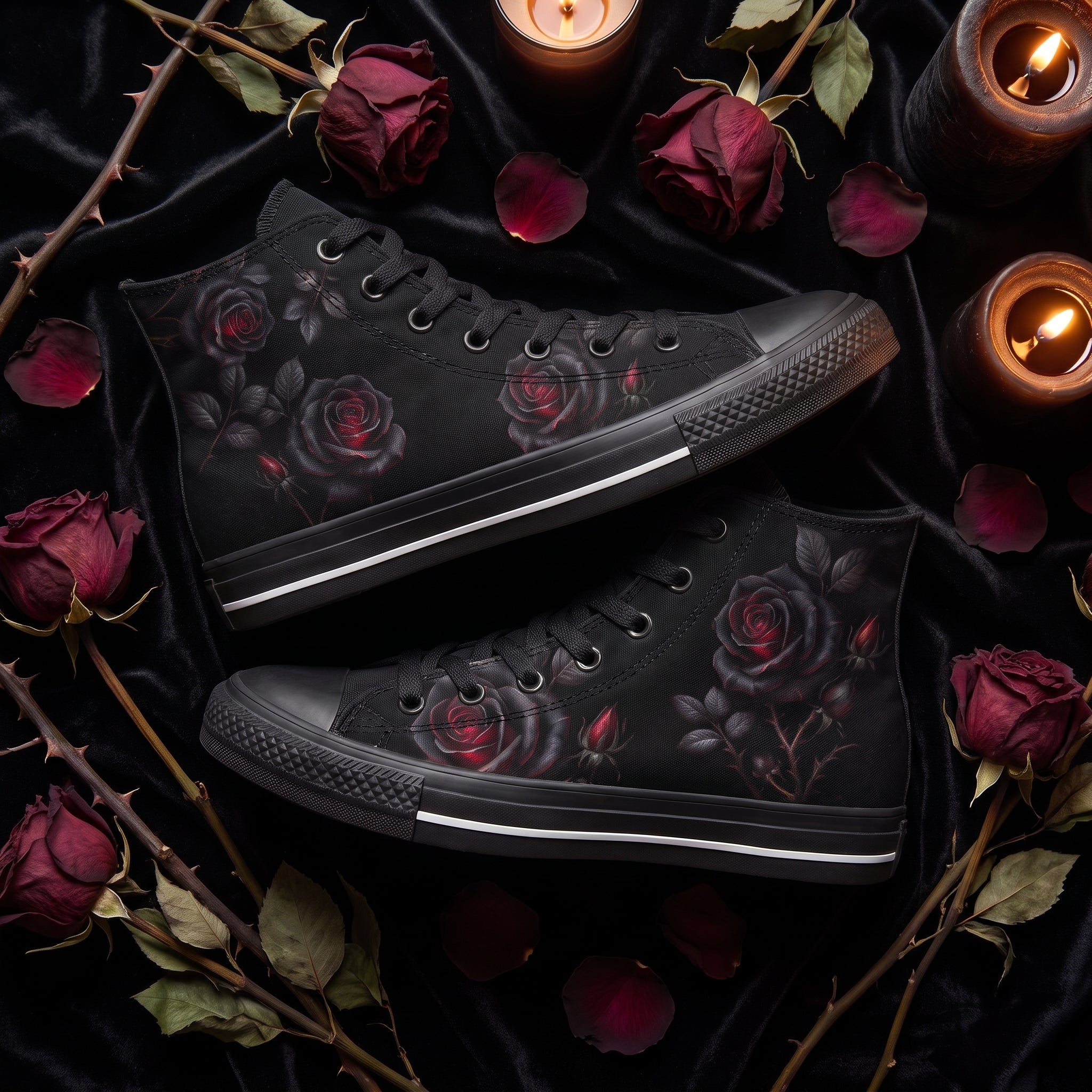 Thornveil Rose High Tops — gothic black roses with crimson centers and thorned stems on black — flat lay with candle and dried roses