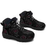 Thornveil Rose Hiking Boots — black rose and thorn print on midnight black, 3/4 view