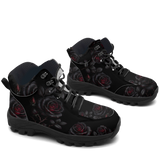 Thornveil Rose Hiking Boots — black rose and thorn print on midnight black, 3/4 view