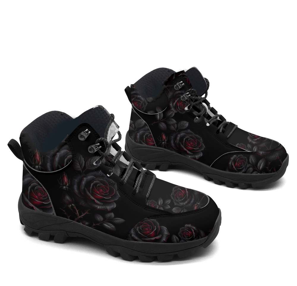 Thornveil Rose Hiking Boots — black rose and thorn print on midnight black, 3/4 view
