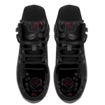 Thornveil Rose Hiking Boots — black rose and thorn print on midnight black, angled pair view