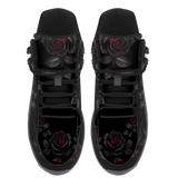 Thornveil Rose Hiking Boots — black rose and thorn print on midnight black, angled pair view