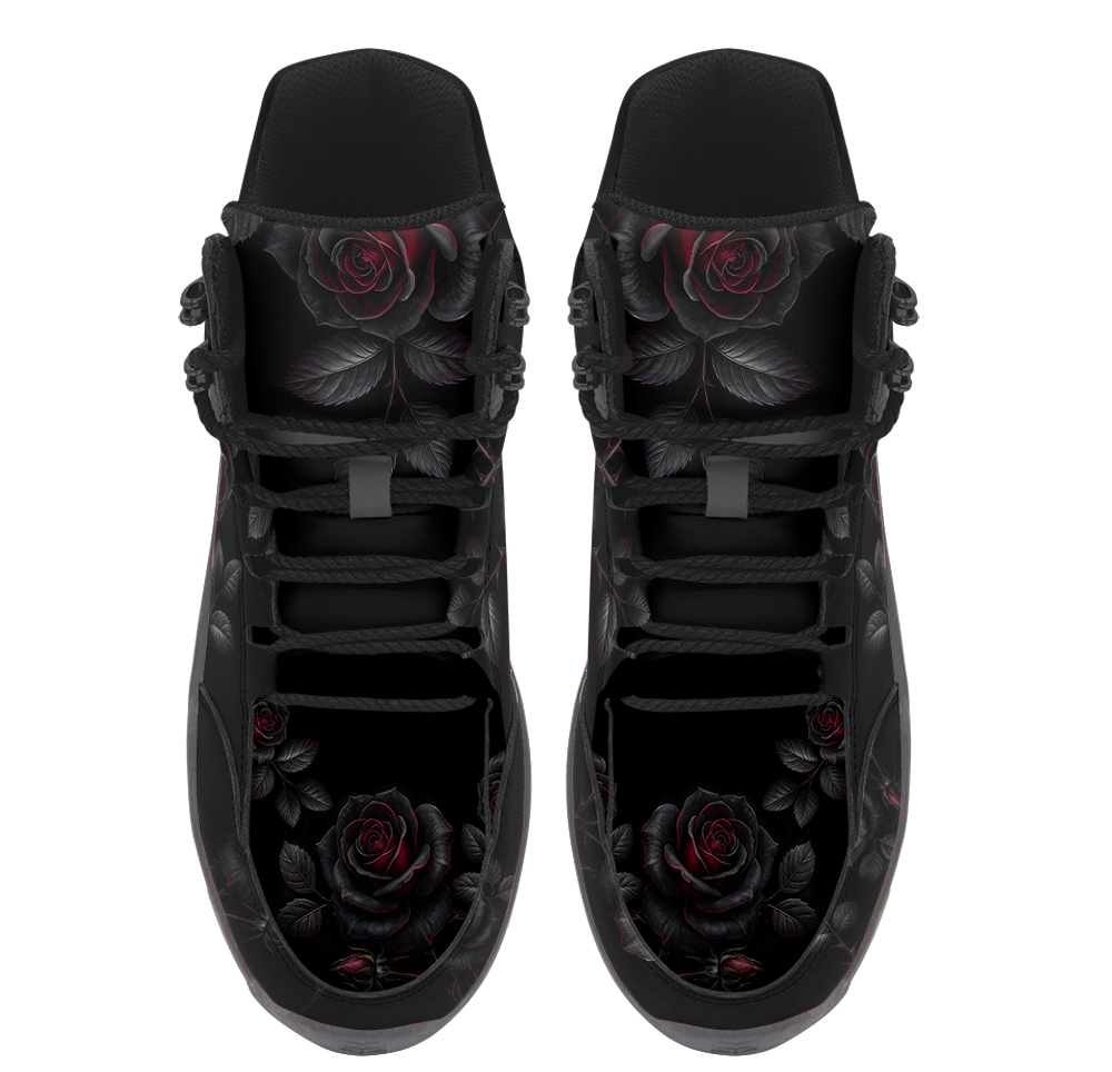 Thornveil Rose Hiking Boots — black rose and thorn print on midnight black, angled pair view