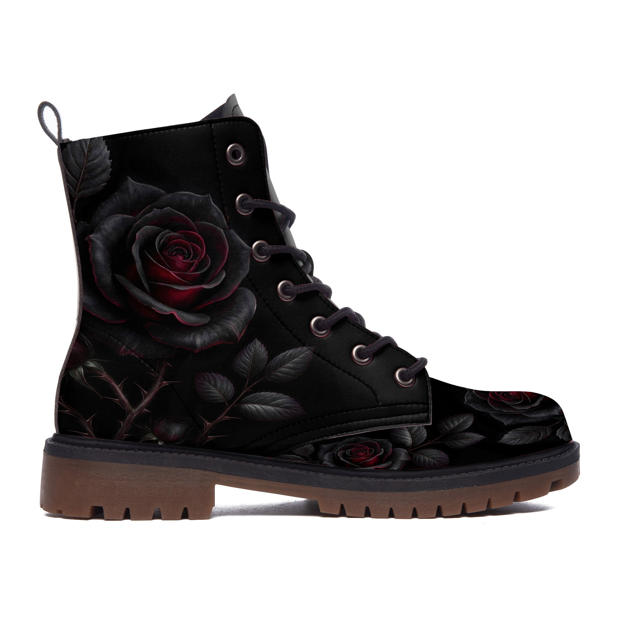 Thornveil Rose Leather Boots — outer side view on white