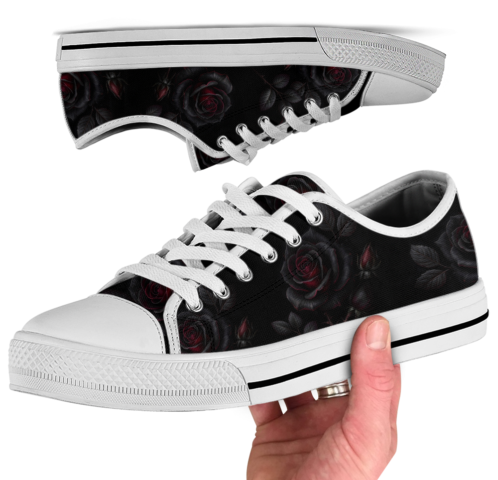 Thornveil Rose Low Tops - gothic black roses with crimson centers on deep black