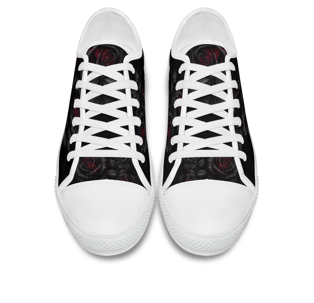 Thornveil Rose Low Tops - gothic black roses with crimson centers on deep black
