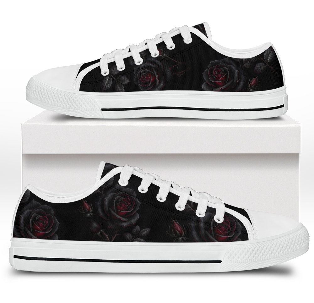 Thornveil Rose Low Tops - gothic black roses with crimson centers on deep black
