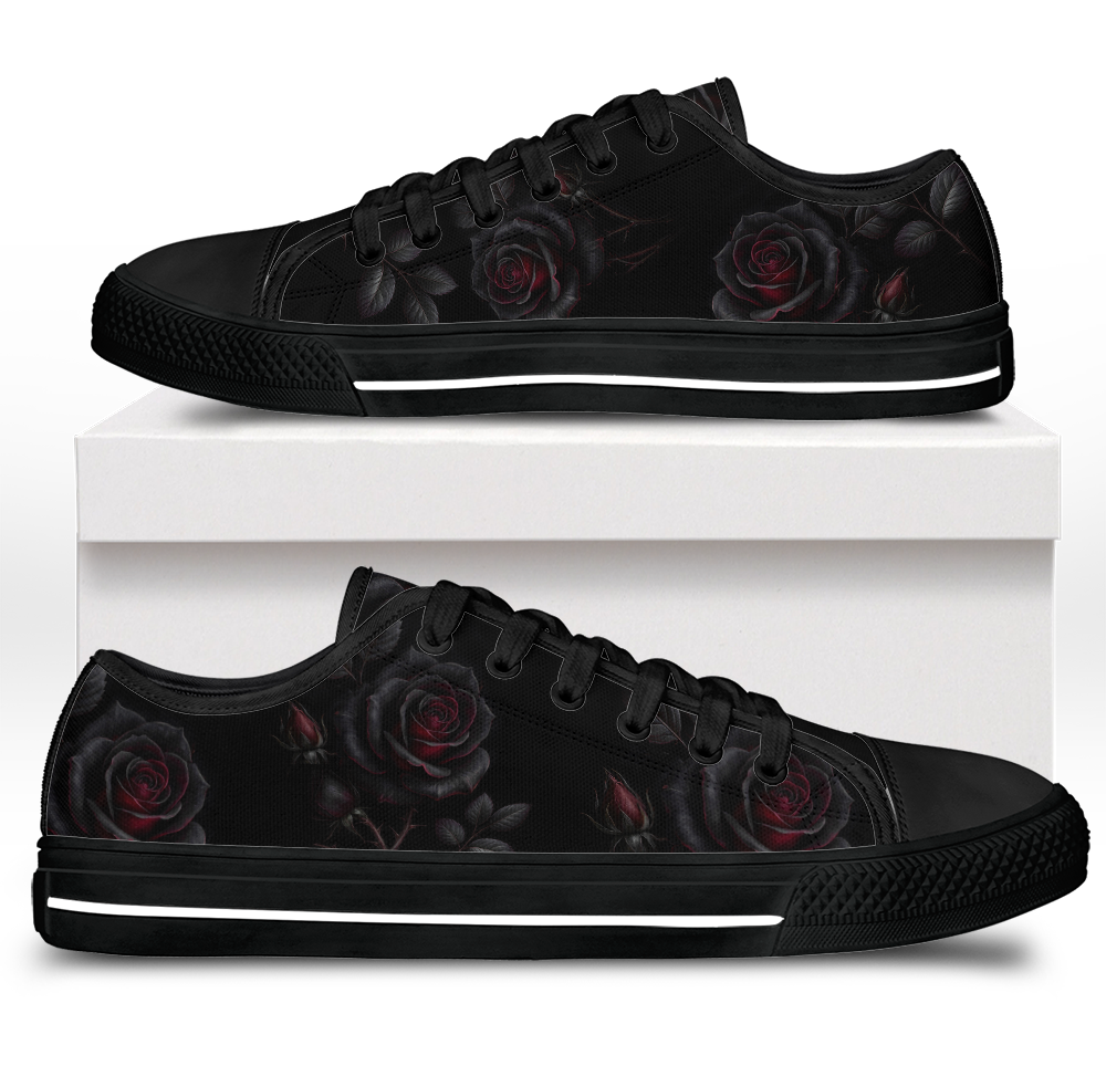 Thornveil Rose Low Tops - gothic black roses with crimson centers on deep black