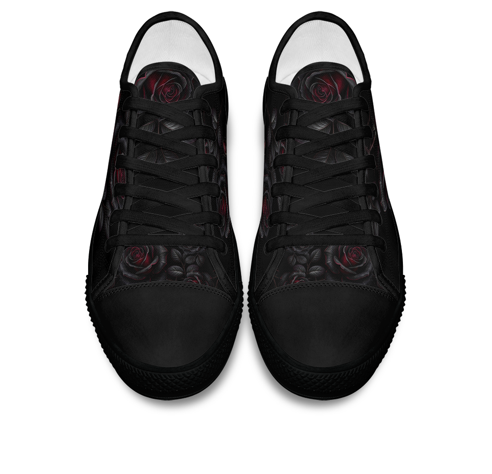 Thornveil Rose Low Tops - gothic black roses with crimson centers on deep black