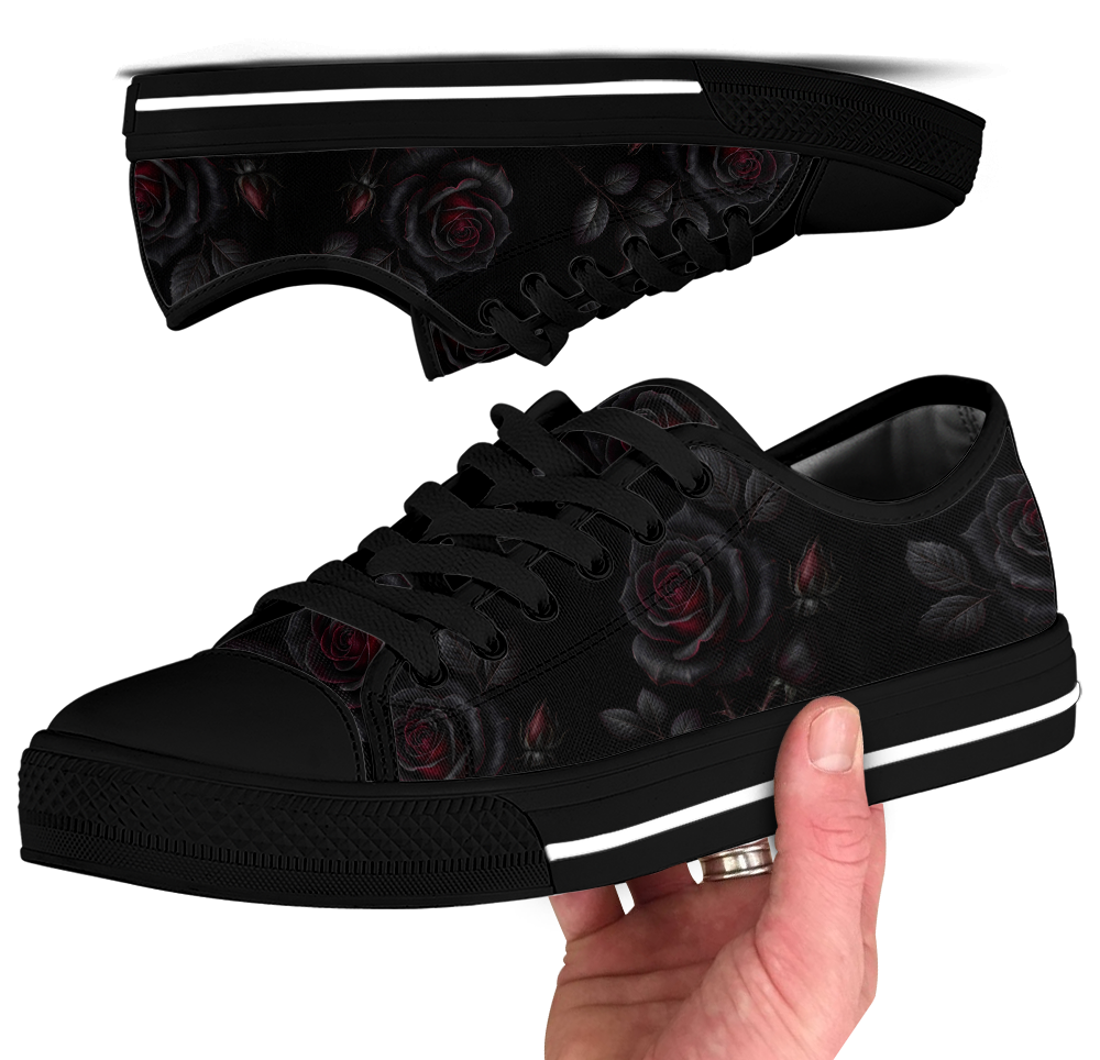 Thornveil Rose Low Tops - gothic black roses with crimson centers on deep black