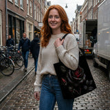 Skathea Thornveil Rose tote bag on model walking cobblestone street