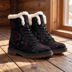 Thornveil Rose Winter Boots - wood floor