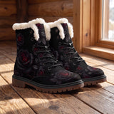 Thornveil Rose Winter Boots - wood floor
