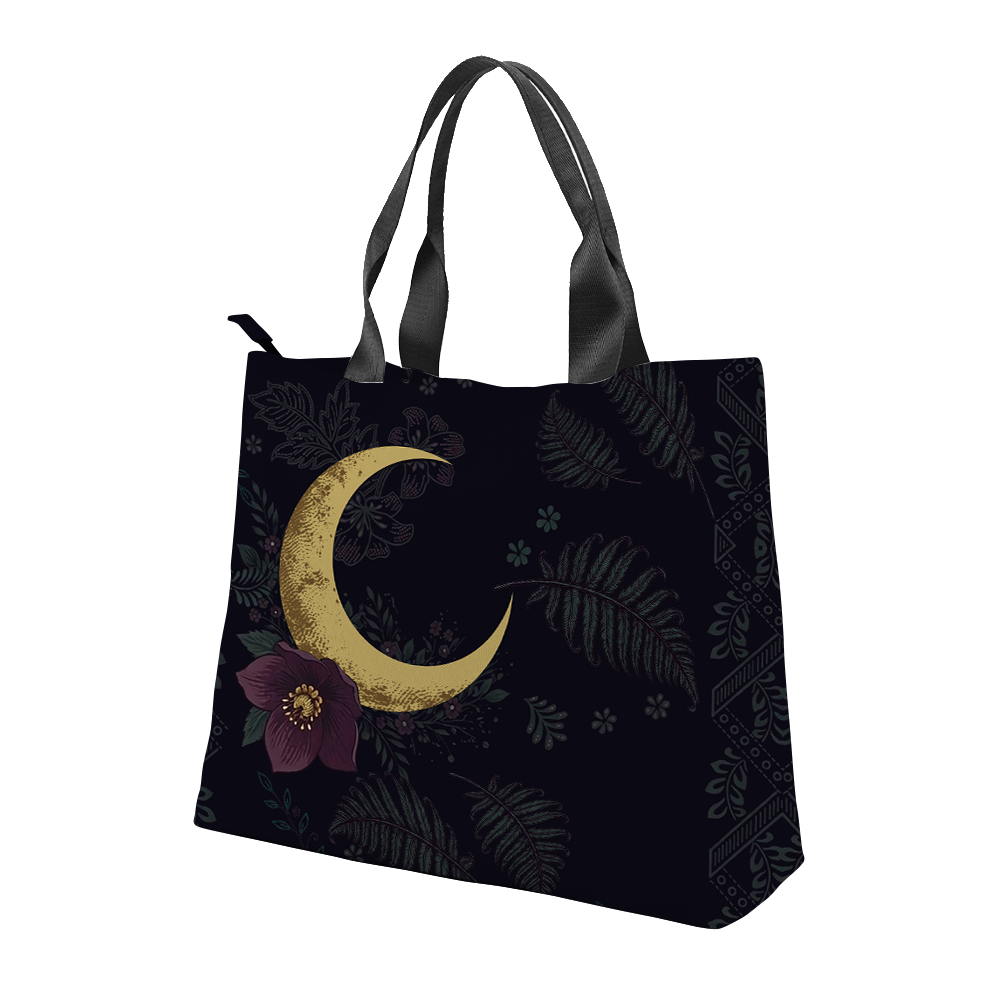 Vespertine Tote Bag - angle view showing moon and bag silhouette
