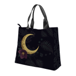 Vespertine Tote Bag - angle view showing moon and bag silhouette