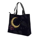 Vespertine Tote Bag - angle view showing moon and bag silhouette